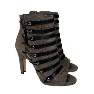 Karl Lagerfeld Paris Gaby Grey Suede Peep Toe Strappy Stiletto Size 6